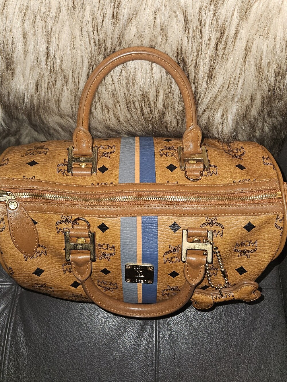 MCM Cognac Visetos Boston Satchel with Blue Stripe - Picture 6 of 9